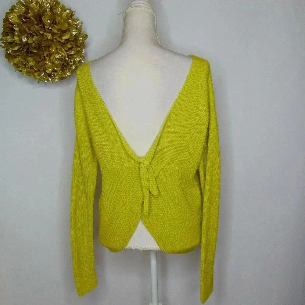 Loft Womens Pullover Sweater Yellow Cotton Long Sleeve Crew Overlay Tie Back M